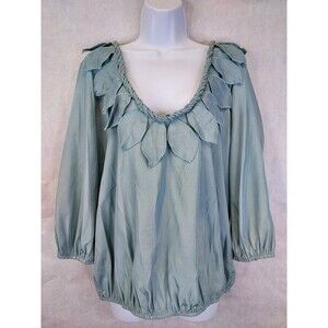 Roni Leaf Ruffle Blouse Women's L Crushed Satin 3/4 Puff Sleeves Blue Fairycore